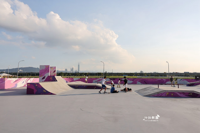 遠眺台北101的兒童遊戲場美堤河濱公園、毛小孩活動區、滑板、直排輪練習場